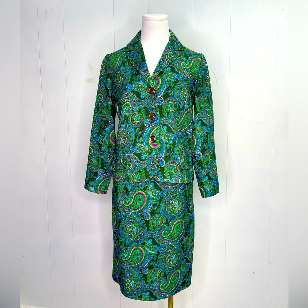 Vintage 1960s Paisley Skirt Suit business work wear whimsical maximalist